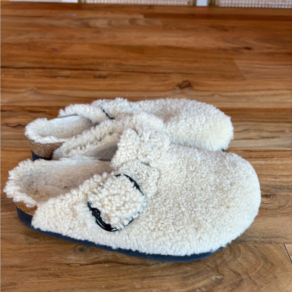 Birkenstock Papillio Cream Shearling Wedge Mules with Buckle